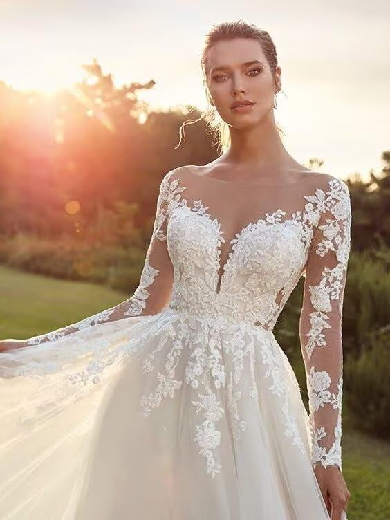 MeiLiqe Lace Appliques A-Line Wedding Dresses for Bride 2026 Beach Bridal Gowns with Train size small